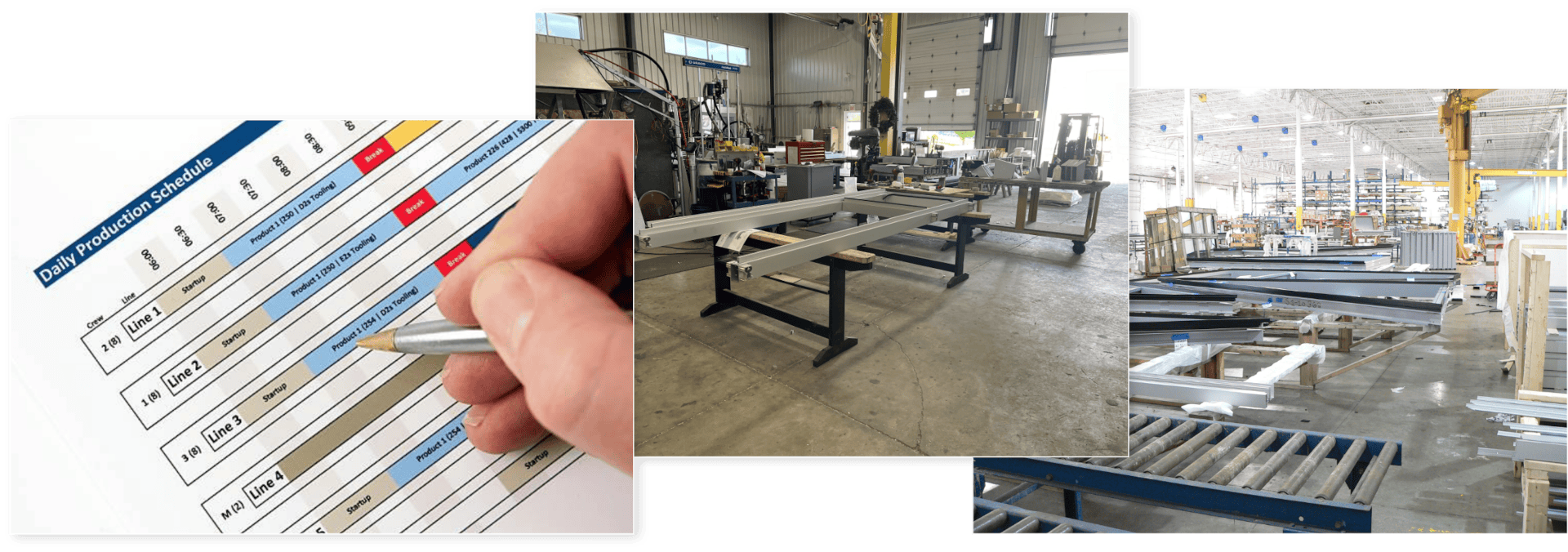 3 overlapping images - order sheet and 2 manufacturing warehouse views