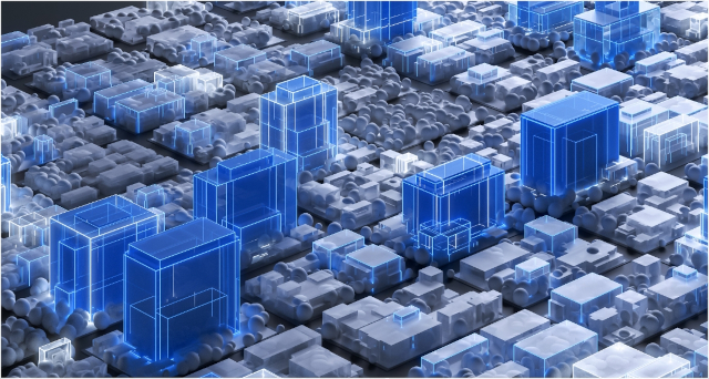 Graphical representation of buildings in blue and grey